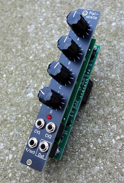 A Eurorack synthesiser module. It consists of a long panel with four knobs and four sockets and some circuit boards stacked behind.
